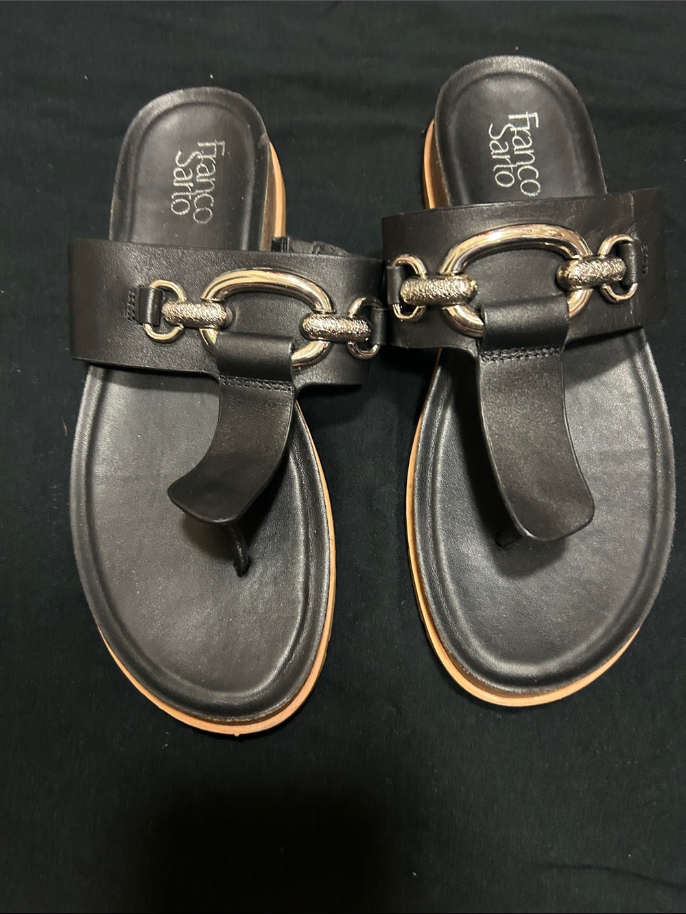 Franco Sarto Black Leather Thong Sandals with Gold Link Detail